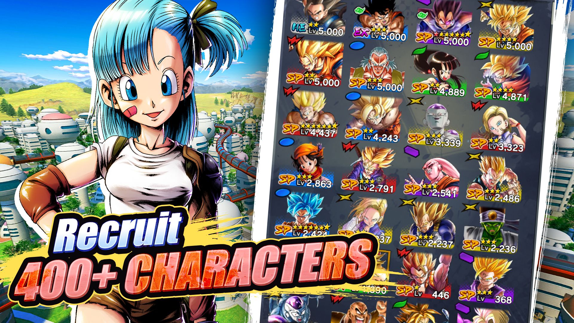 Tela de seleção de personagens de Dragon Ball Legends com texto sobreposto