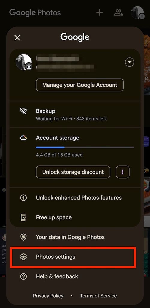 Opções de menu da conta no aplicativo Google Fotos