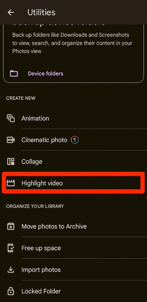 Selecionando a opção Destacar vídeo no menu Utilitários do Google Fotos