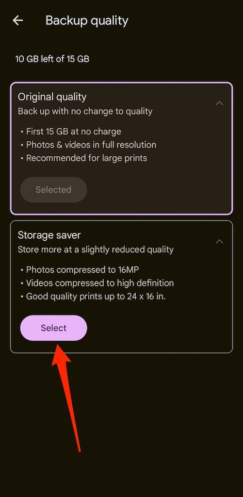 Opções de qualidade de backup no aplicativo Google Fotos