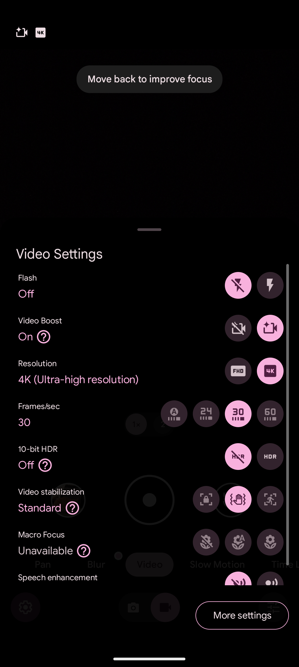 configurações da câmera no pixel 8 pro com aumento de vídeo ativado