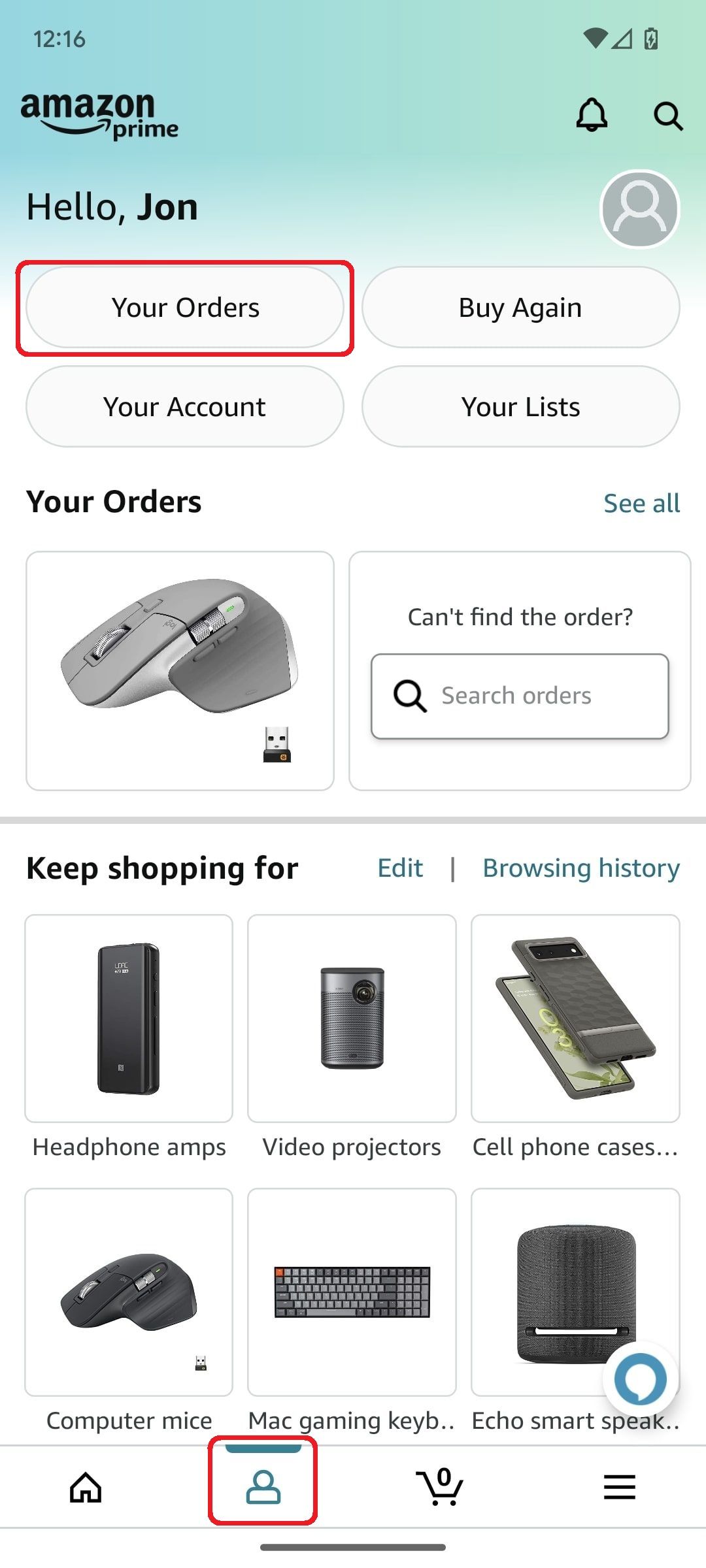 Tela de perfil do aplicativo de compras Amazon