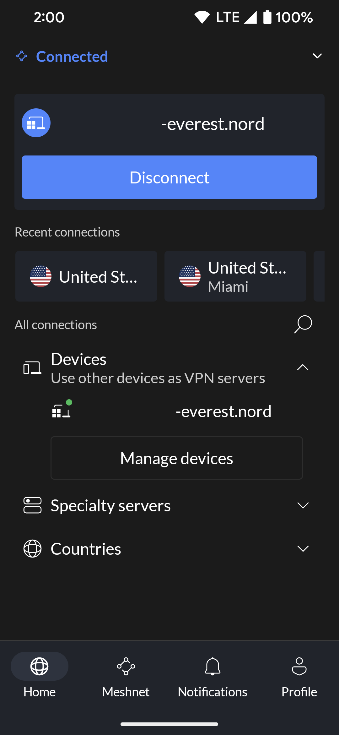 Conectado ao computador host Meshnet no aplicativo NordVPN para Android.