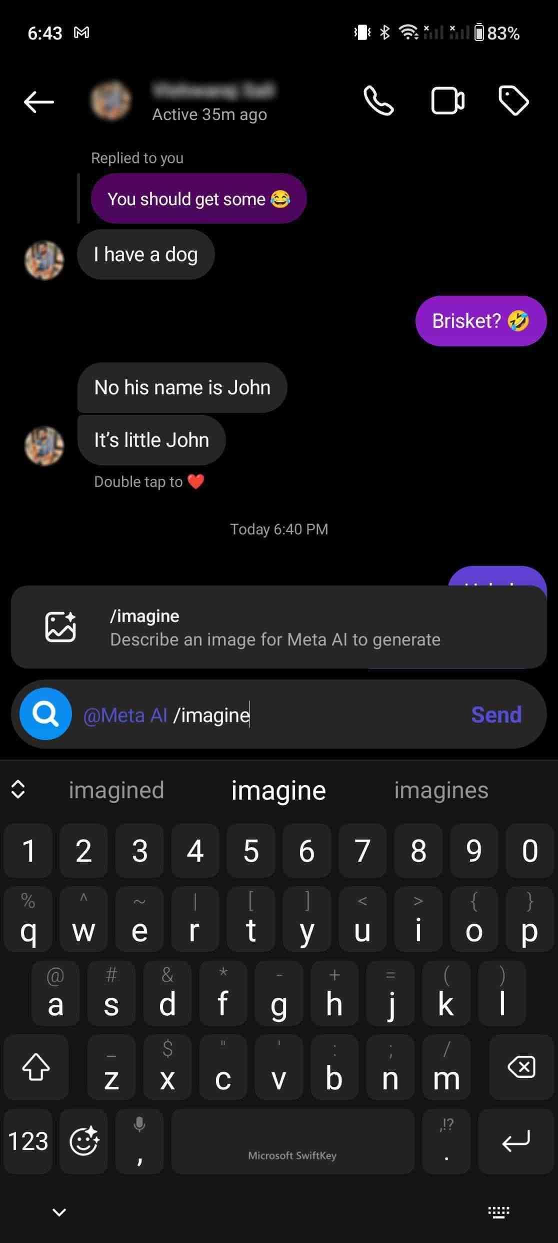 Captura de tela mostrando como invocar Meta AI em um bate-papo do Instagram 