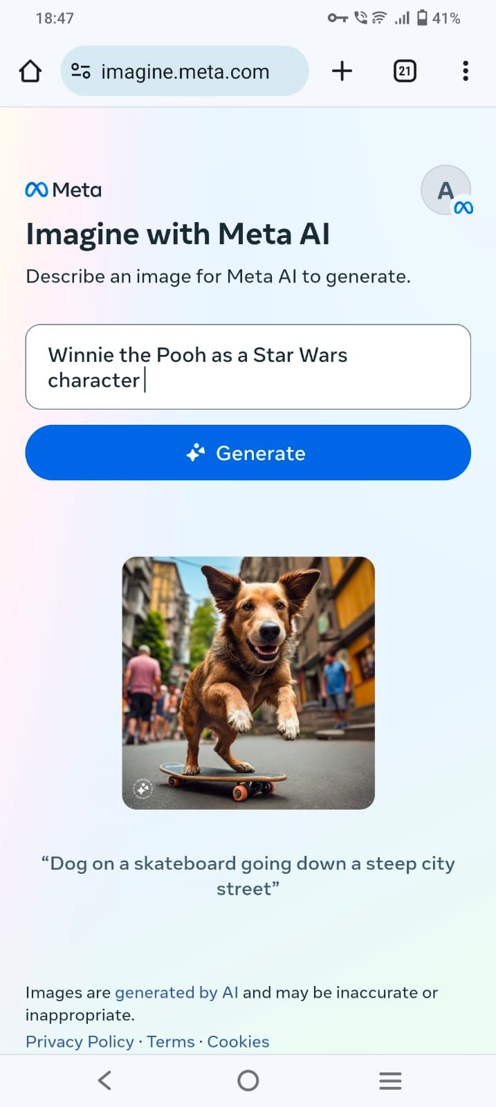 Captura de tela de um prompt no Imagine with Meta AI que diz 'Winnie the Pooh como um personagem de Star Wars'