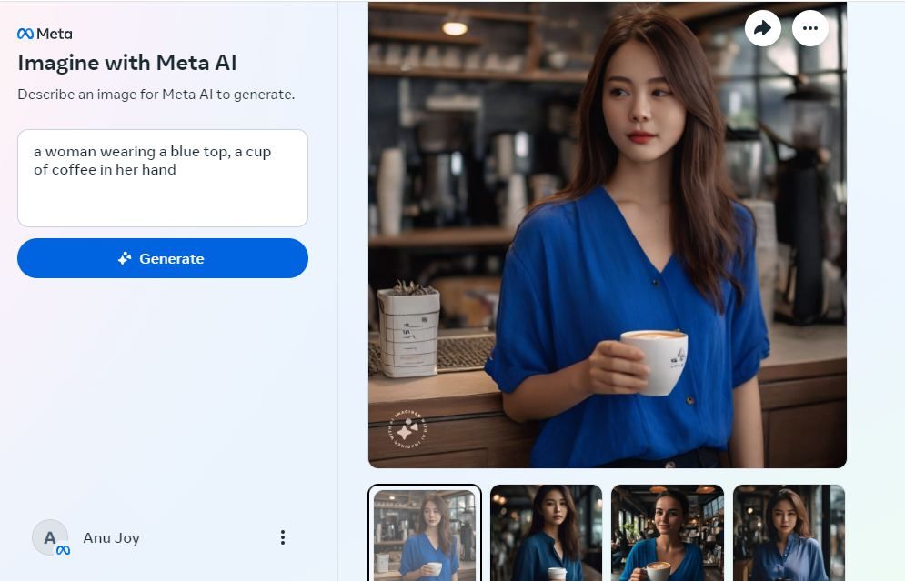 Captura de tela de uma mulher vestida de azul com uma xícara de café na mão, gerada por Imagine com Meta AI