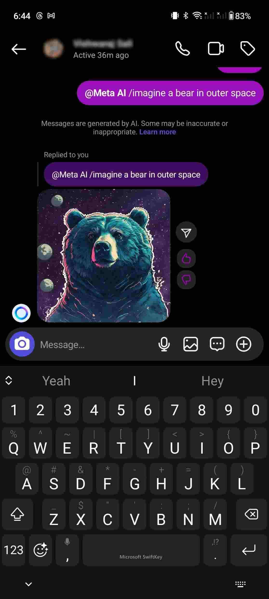 Captura de tela mostrando a imagem de um urso no bate-papo do Instagram, gerada com Meta AI