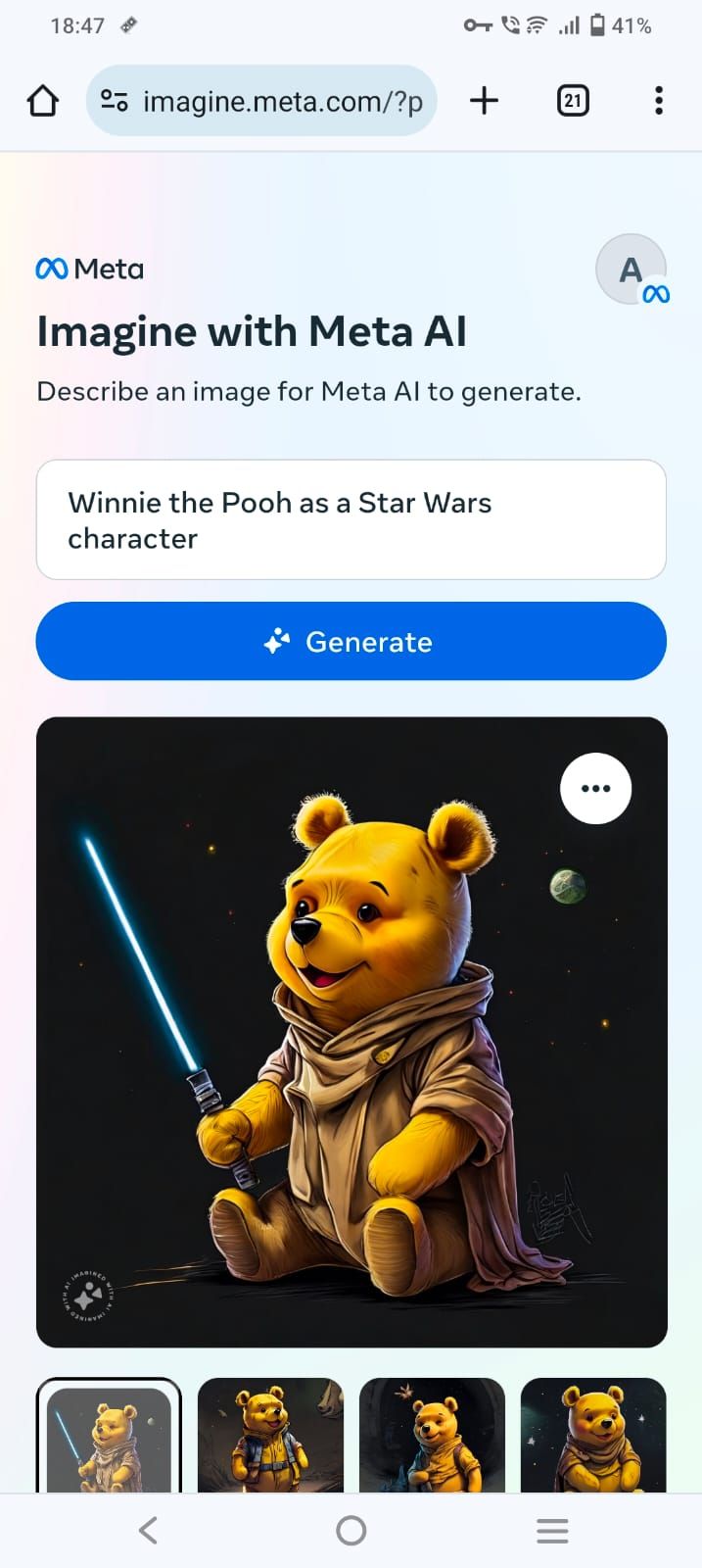 Captura de tela do resultado do prompt 'Winnie the Pooh como personagem de Star Wars' no Imagine with Meta AI