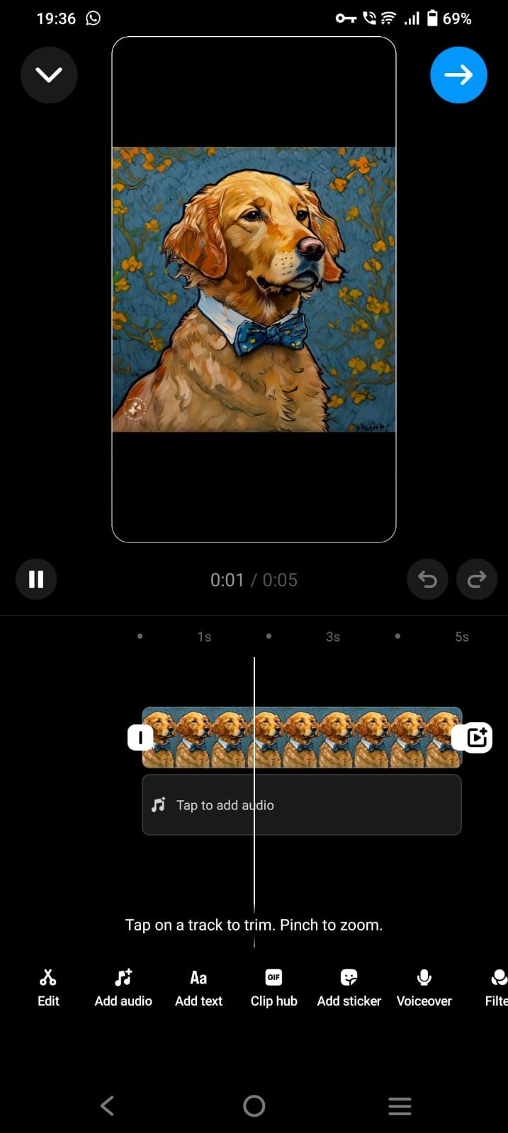 Captura de tela mostrando as opções de edição do Instagram Reels