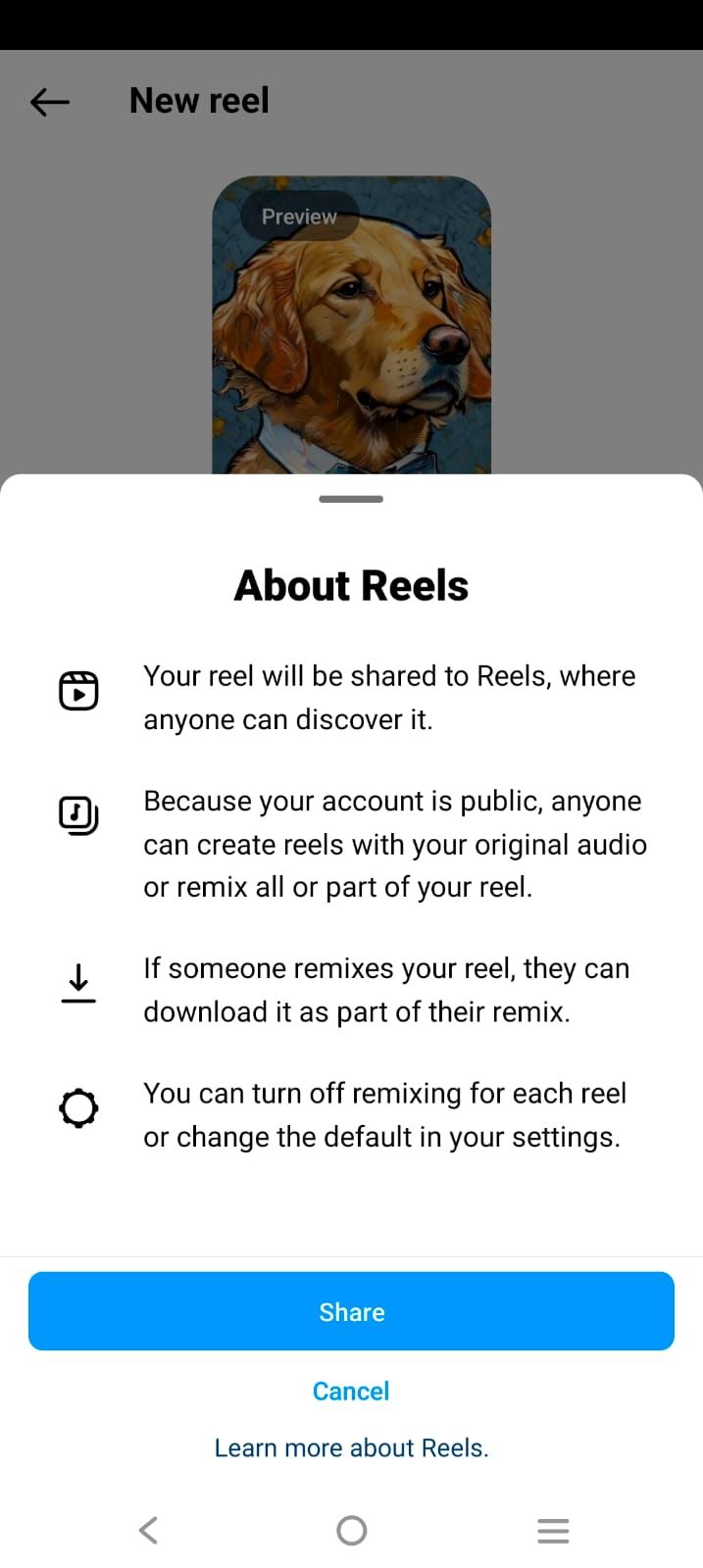 Captura de tela mostrando a opção ‘Compartilhar’ no Instagram Reels