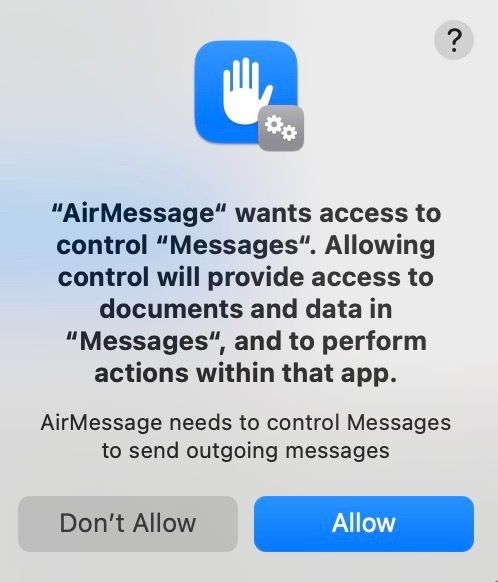 Permissão AirMessage para acessar mensagens