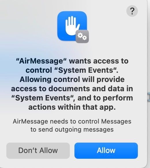 Permissão AirMessage para eventos do sistema