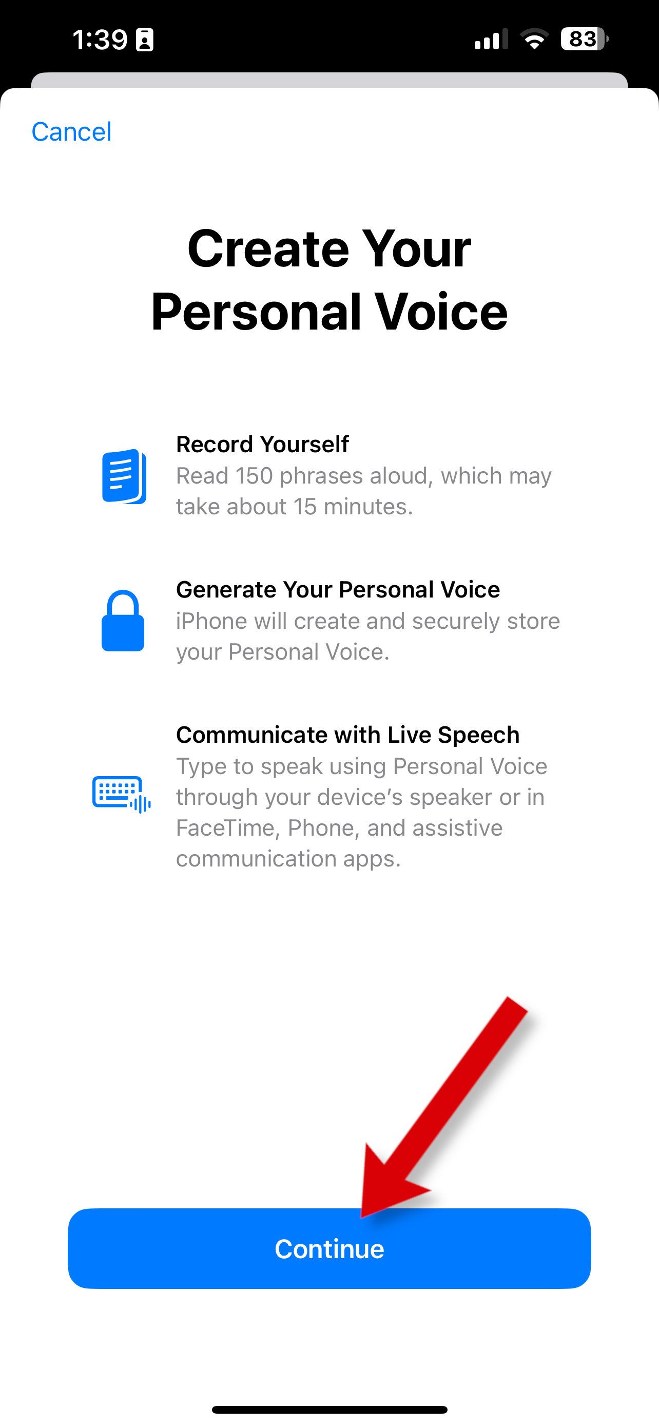 Uma captura de tela mostrando como o processo do Personal Voice começa