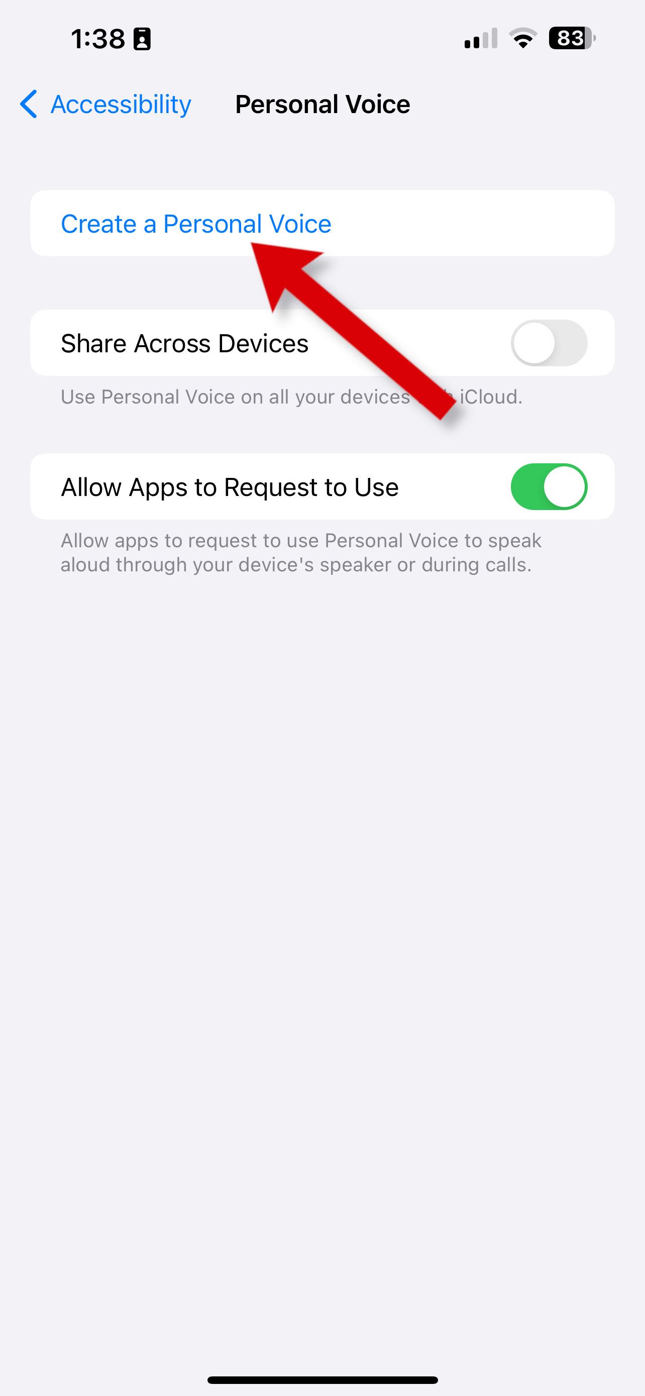 Uma captura de tela mostrando como criar uma voz pessoal no iPhone