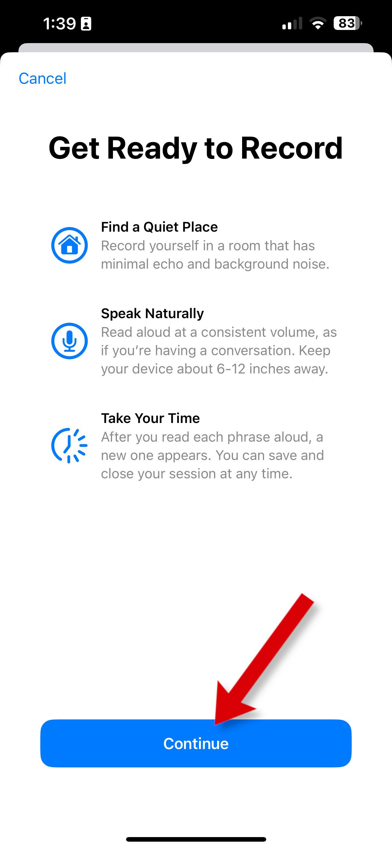 Uma captura de tela mostrando as recomendações da Apple para a criação de uma voz pessoal