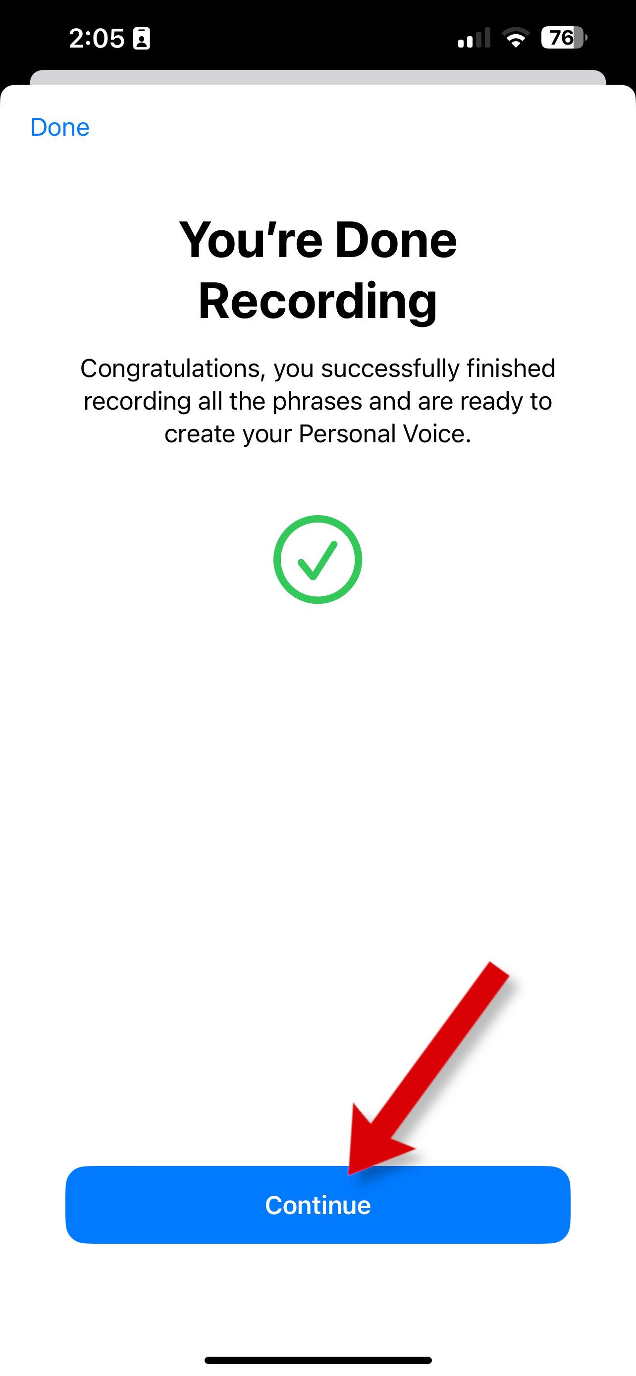 Uma captura de tela mostrando a conclusão da gravação do Personal Voice