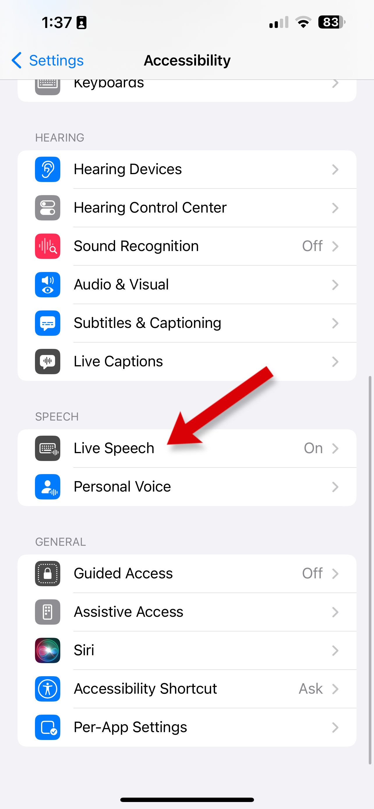 Uma captura de tela mostrando como abrir as configurações do Live Speech