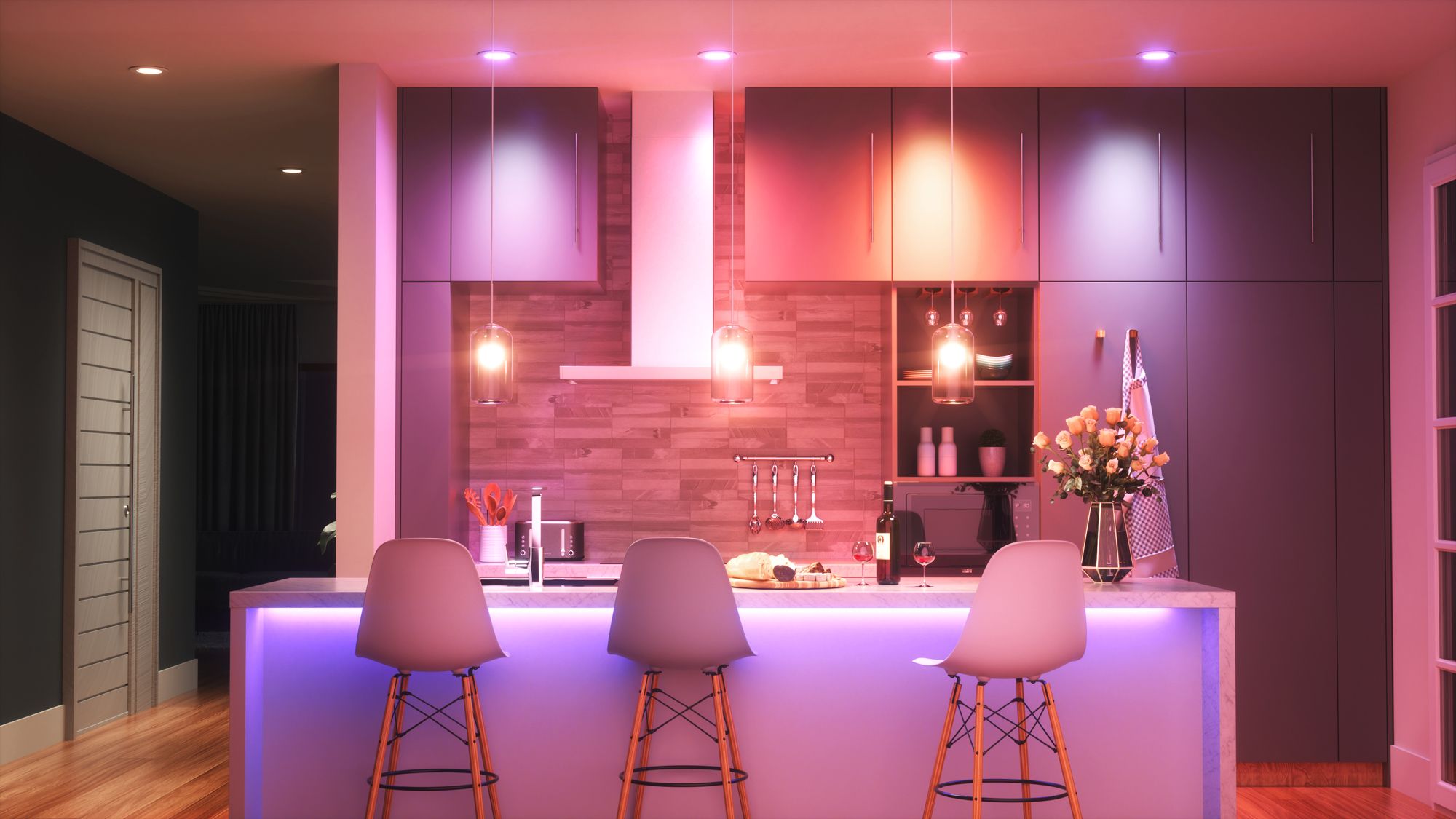 Uma cozinha moderna iluminada com luz roxa suave de várias lâmpadas Nanoleaf Essentials.