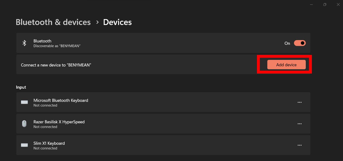 Captura de tela da interface de usuário Bluetooth do Windows mostrando a opção “Adicionar dispositivos” destacada em vermelho, indicando a área a ser selecionada para emparelhar novos dispositivos.
