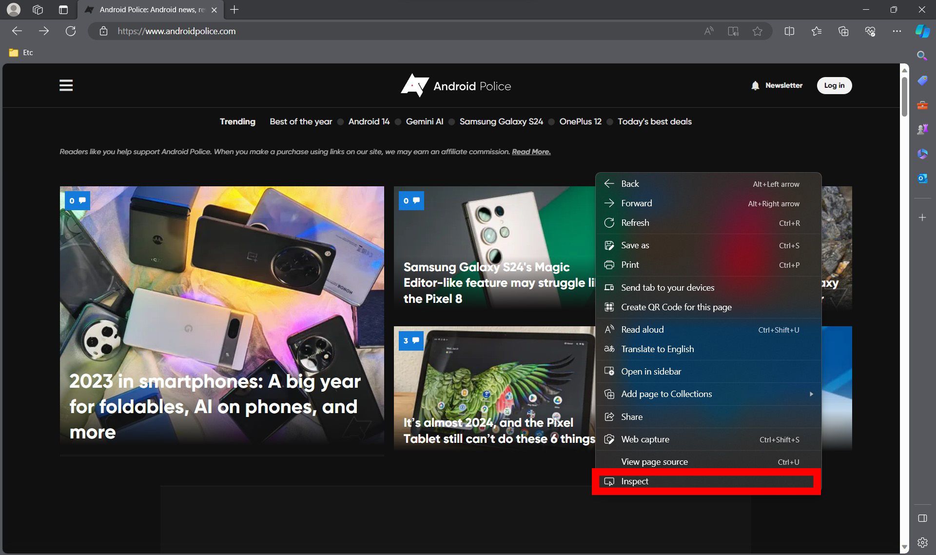 captura de tela do navegador Microsoft Edge exibindo o site do Android Police com um menu de contexto aberto, destacando a opção ‘Inspecionar’ para ferramentas de desenvolvedor.