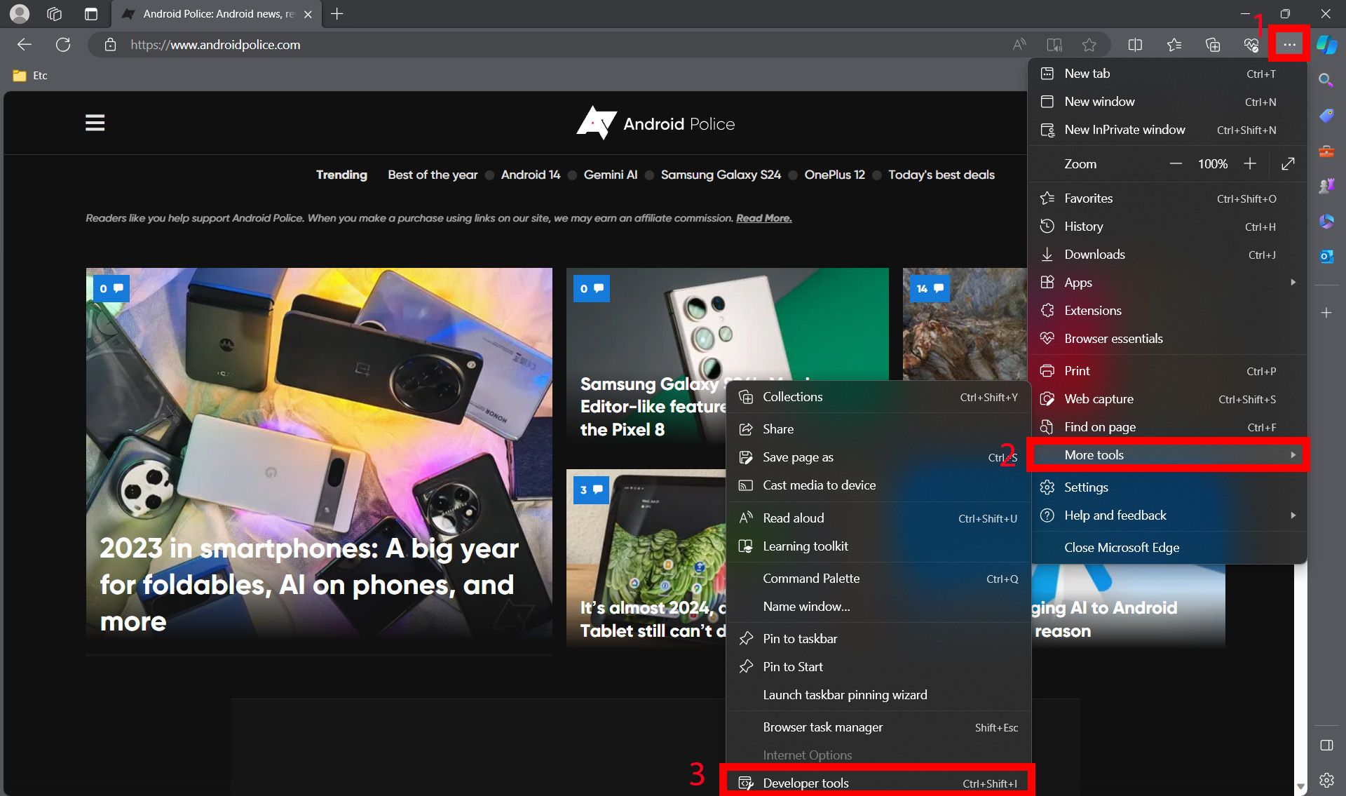 Captura de tela do menu do navegador Microsoft Edge aberto na opção ‘Mais ferramentas’ com ‘Ferramentas do desenvolvedor’ destacadas na parte inferior, tendo como pano de fundo o site Android Police.