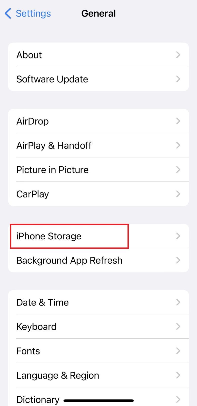 Captura de tela da opção de armazenamento do iPhone em Configurações