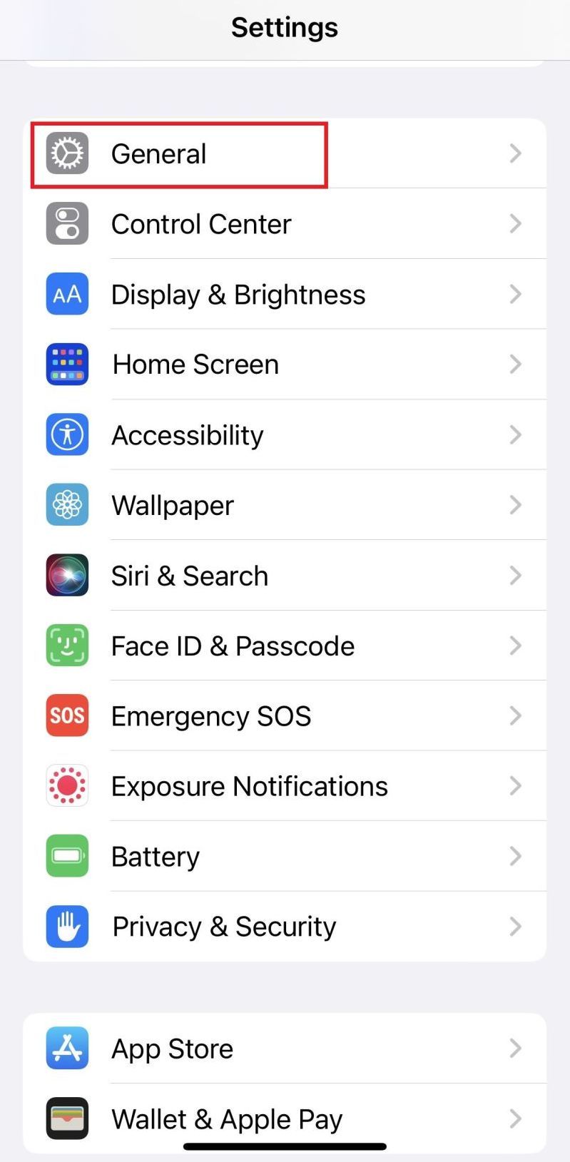 Captura de tela da opção Geral nas configurações do iPhone