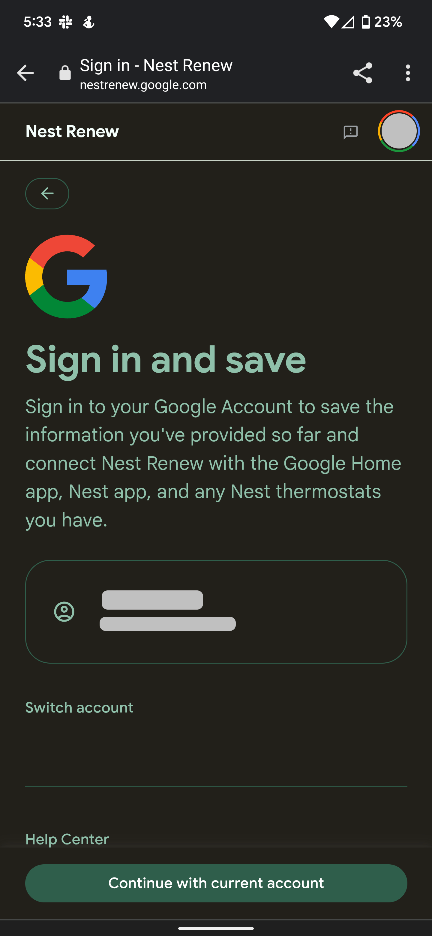 Uma captura de tela do site Nest Renew mostrando o processo de inscrição