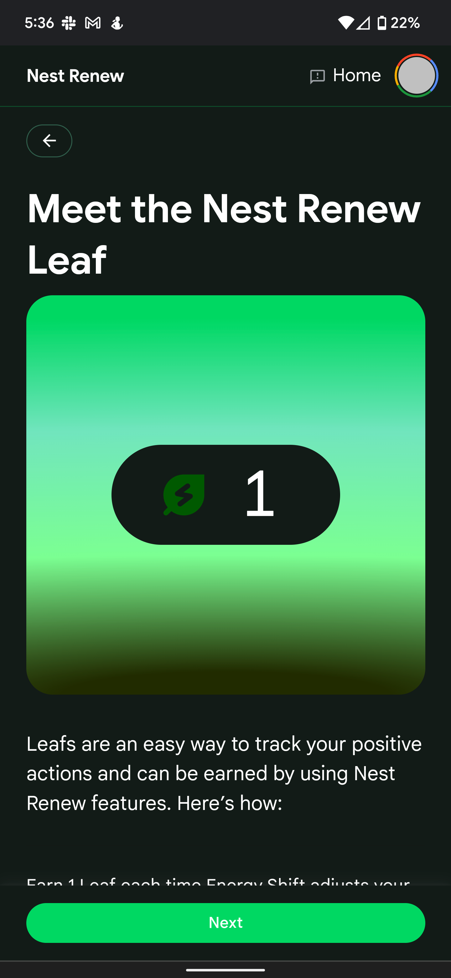 Uma captura de tela do Nest Renew mostrando o recurso Nest Renew Leaf