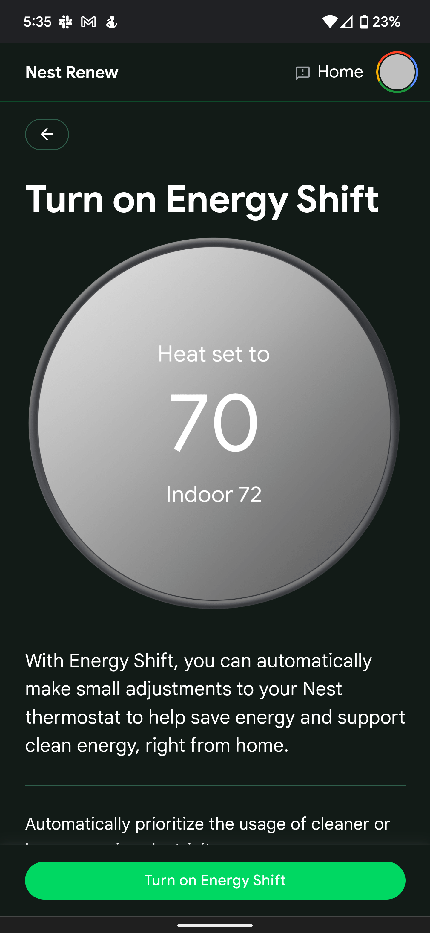 Uma captura de tela do site Nest Renew mostrando o recurso Energy Shift