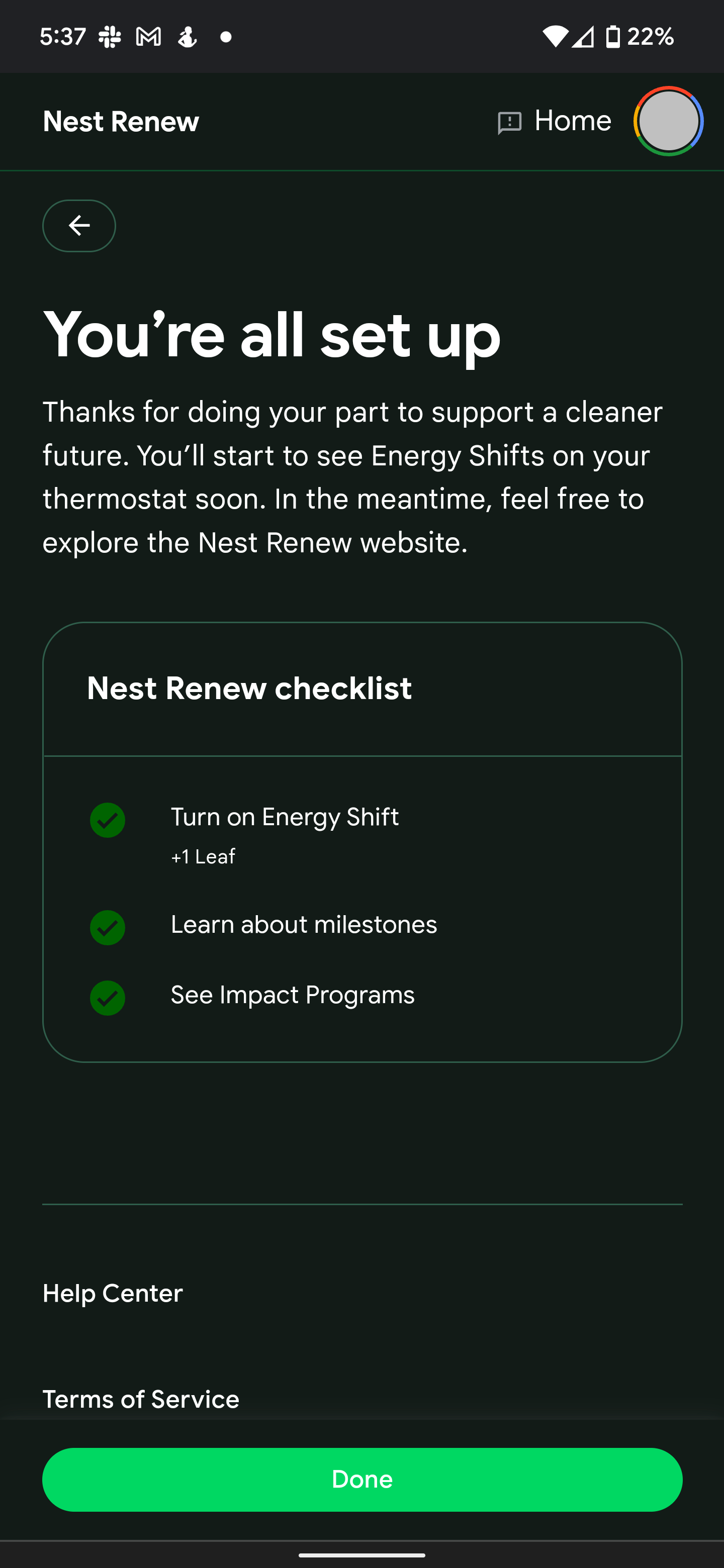 Uma captura de tela do app Nest Renew mostrando o processo de inscrição