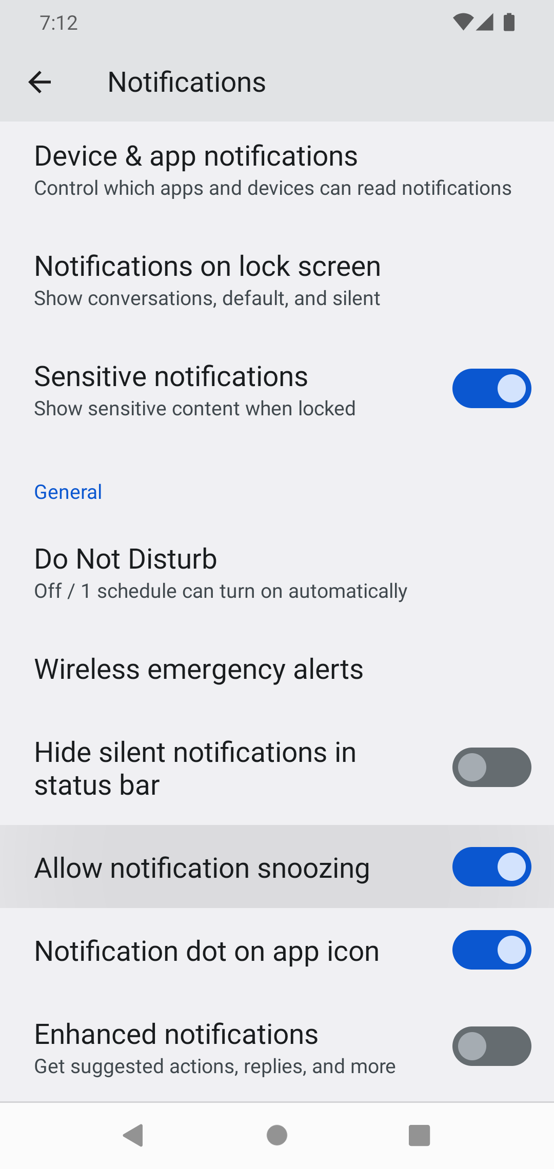 Opção para permitir a suspensão de notificações no telefone Android.