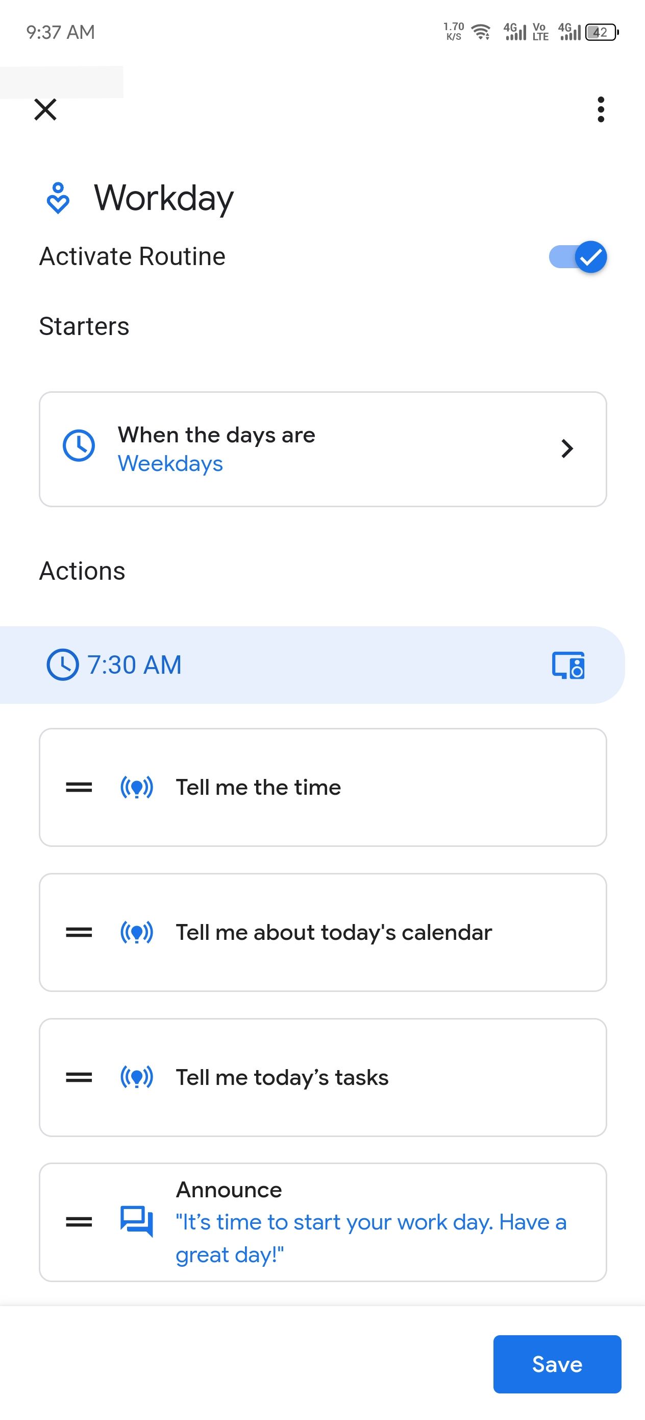 Captura de tela da rotina dos dias da semana no app Google Homes