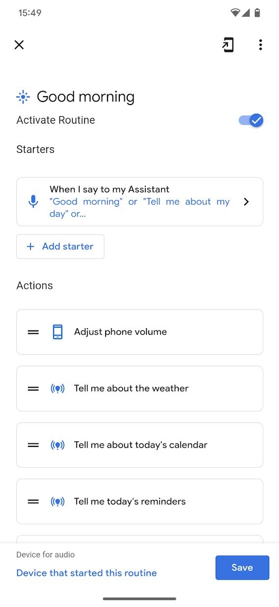 configurações de rotina personalizadas da captura de tela do aplicativo Google Home