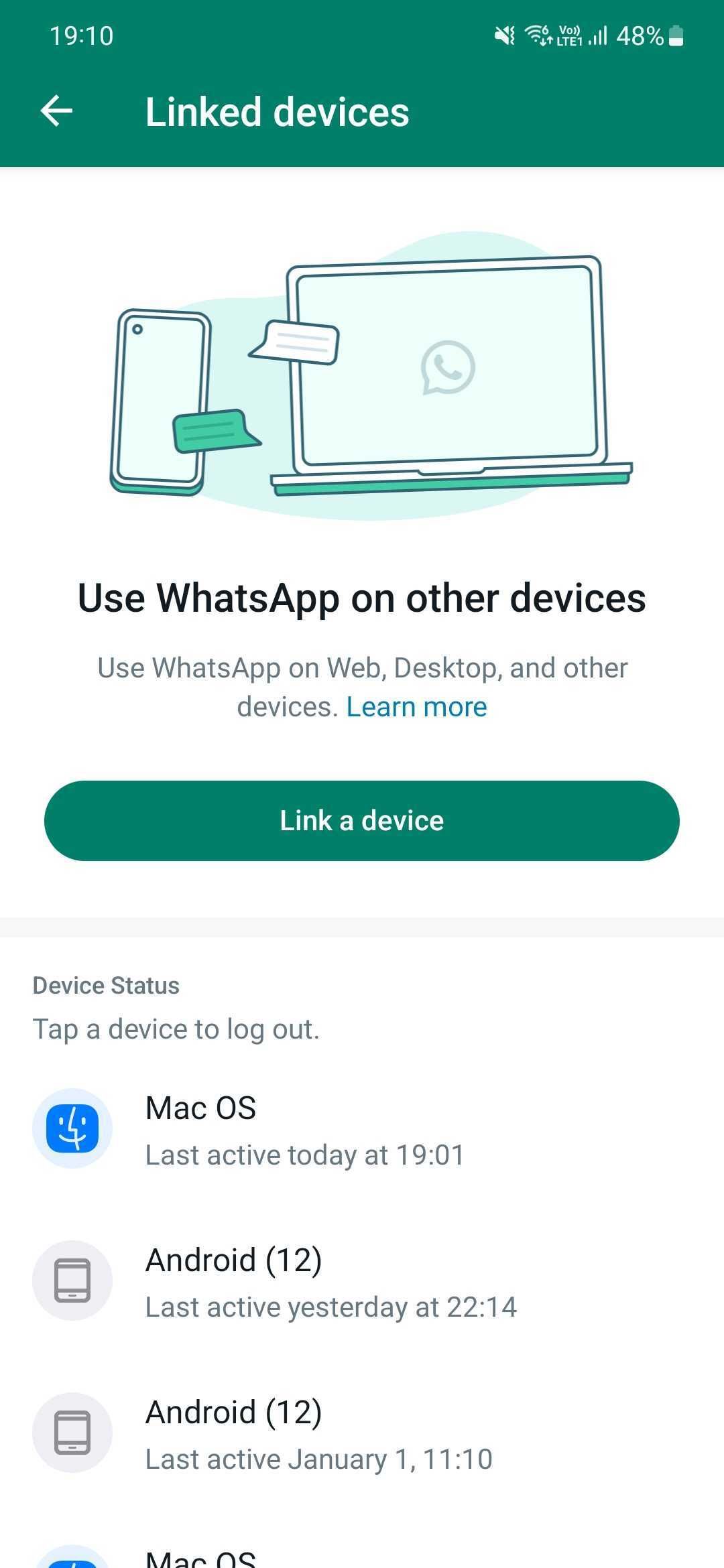 a página de configurações de dispositivos vinculados no WhatsApp para Android exibindo opções para gerenciar dispositivos vinculados.