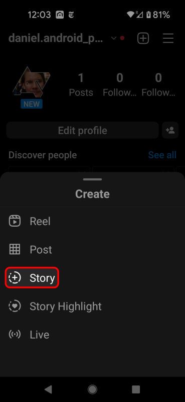 Menu pop-up Instagram Create com a opção Story destacada