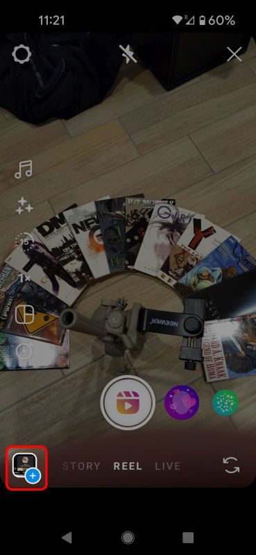 Tela de captura do Instagram Reels com o ícone da Galeria em destaque