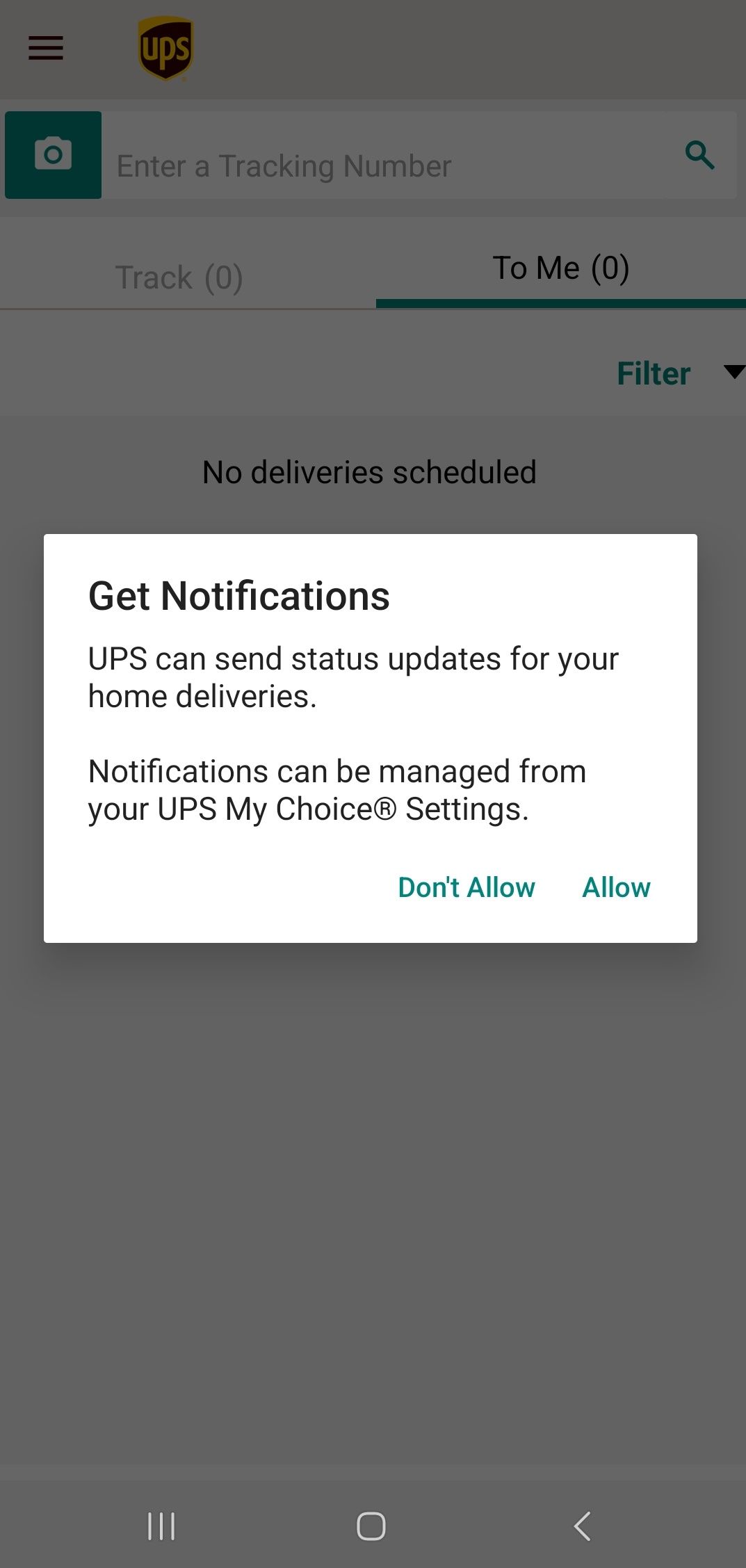 Uma captura de tela do pop-up de notificações no aplicativo UPS Mobile