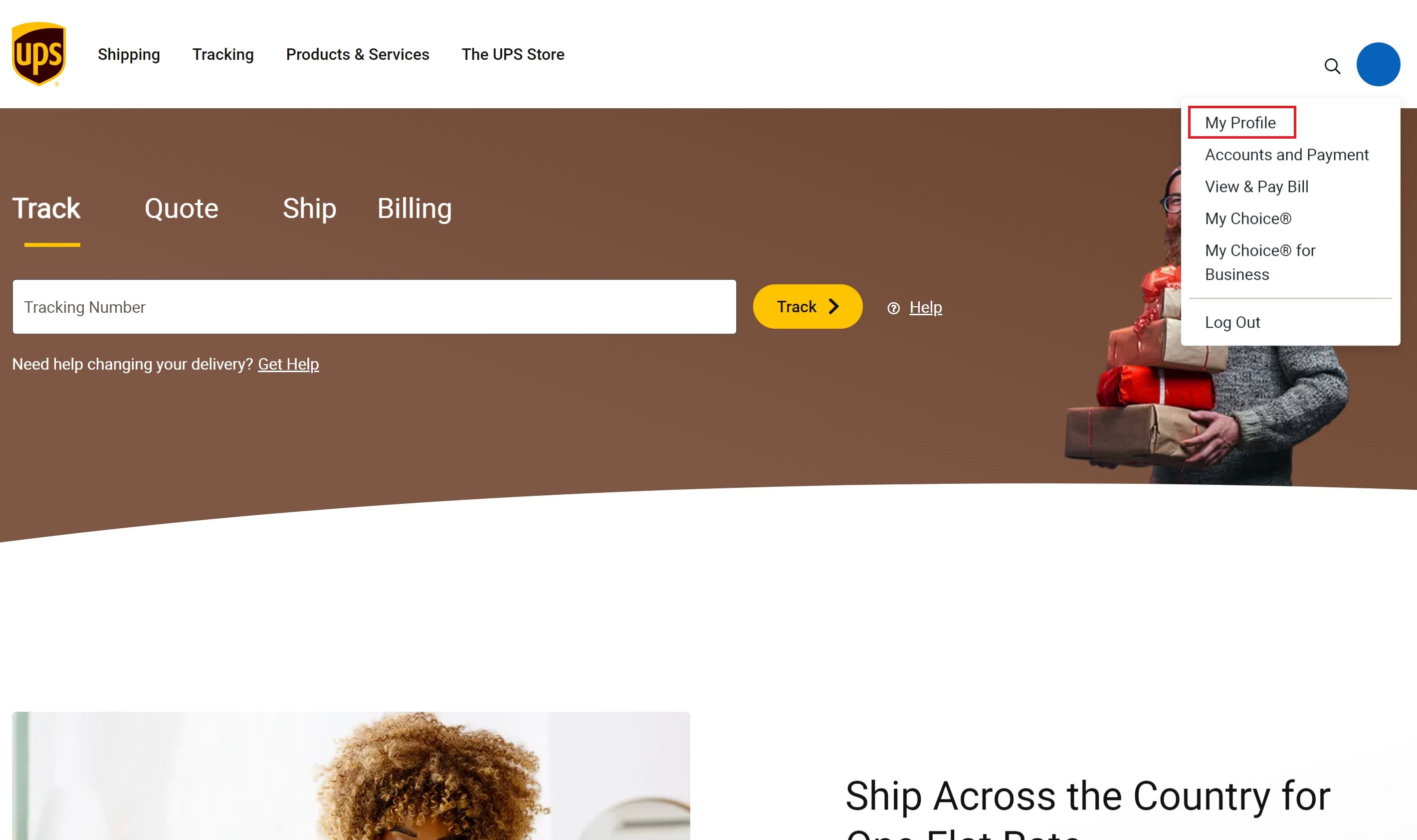 Uma captura de tela da página inicial do UPS.com mostrando como selecionar a opção Meu perfil