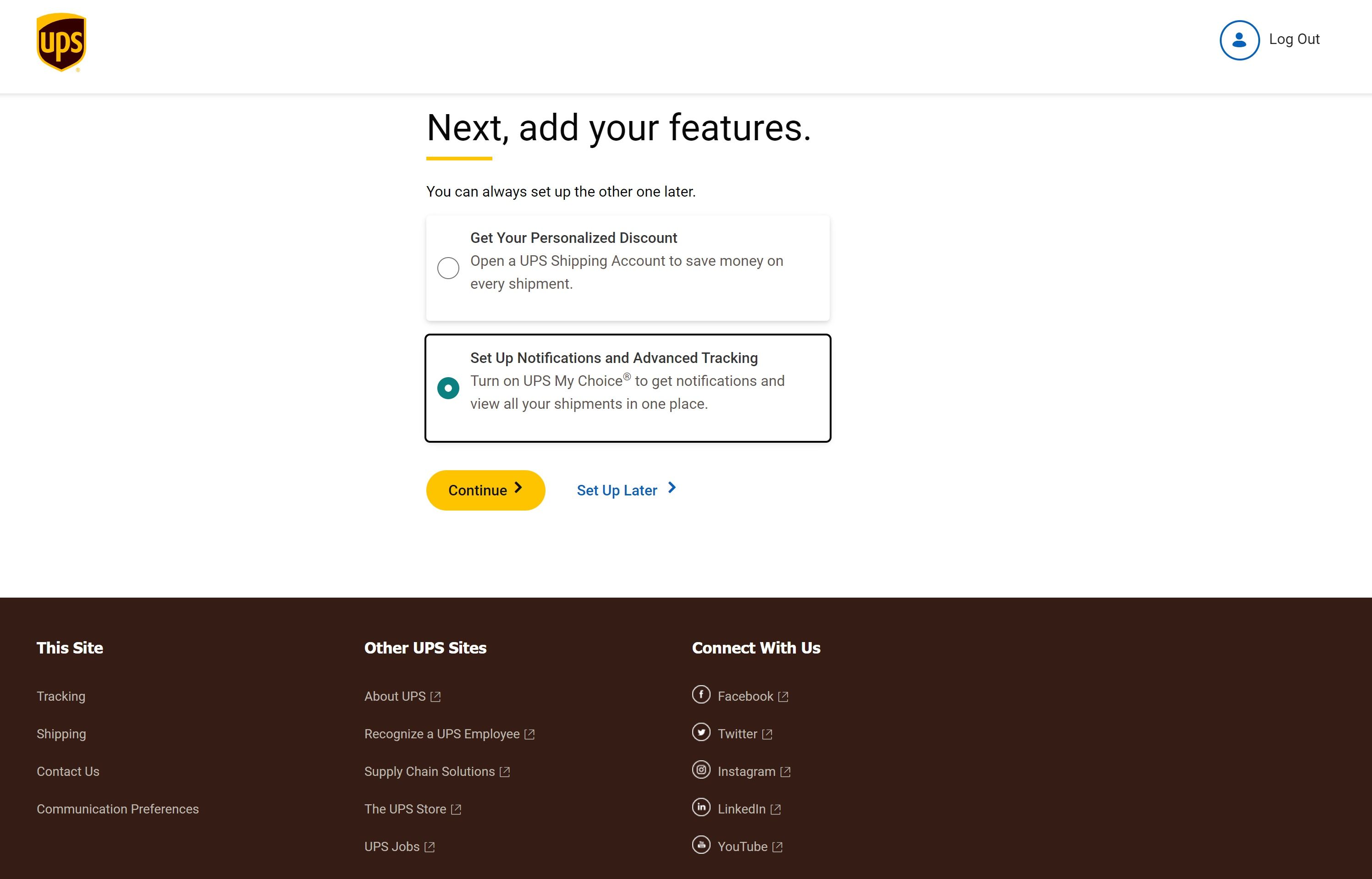 Uma captura de tela do UPS.com perguntando aos usuários se eles desejam configurar notificações e rastreamento avançado