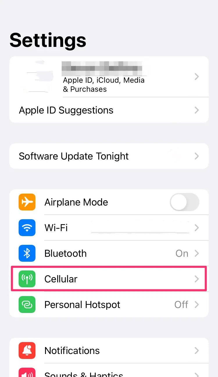 A página de configurações do iPhone com a opção Celular destacada.