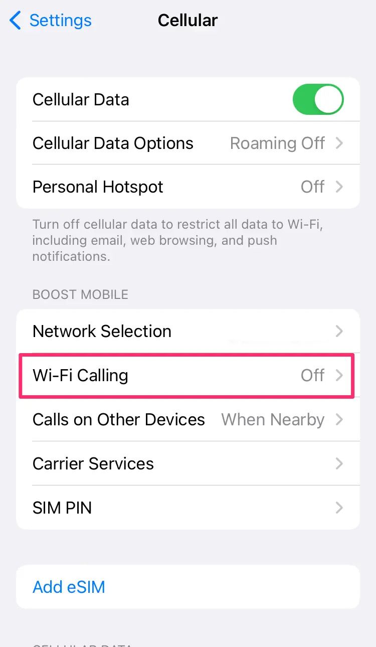 A página do iPhone Cellular com a opção Chamada Wi-Fi destacada.