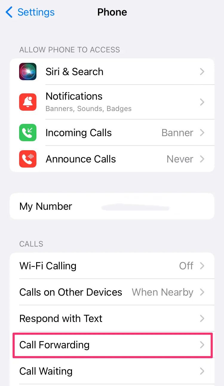 Uma captura de tela da página do telefone de um iPhone em Configurações com encaminhamento de chamadas em destaque.