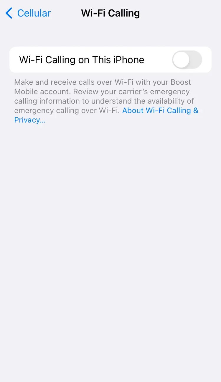 Uma captura de tela da página de chamadas Wi-Fi de um iPhone com a opção desativada.