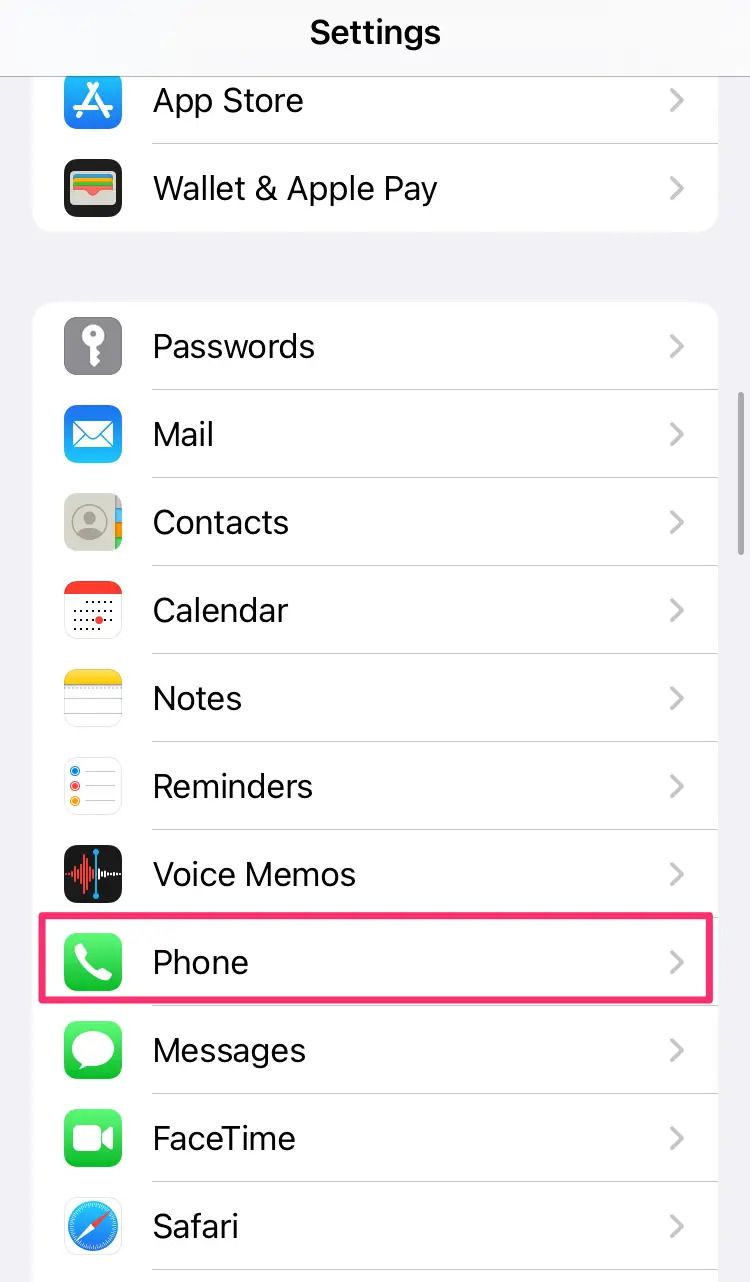 Uma captura de tela da página Configurações de um iPhone com a opção Telefone destacada.