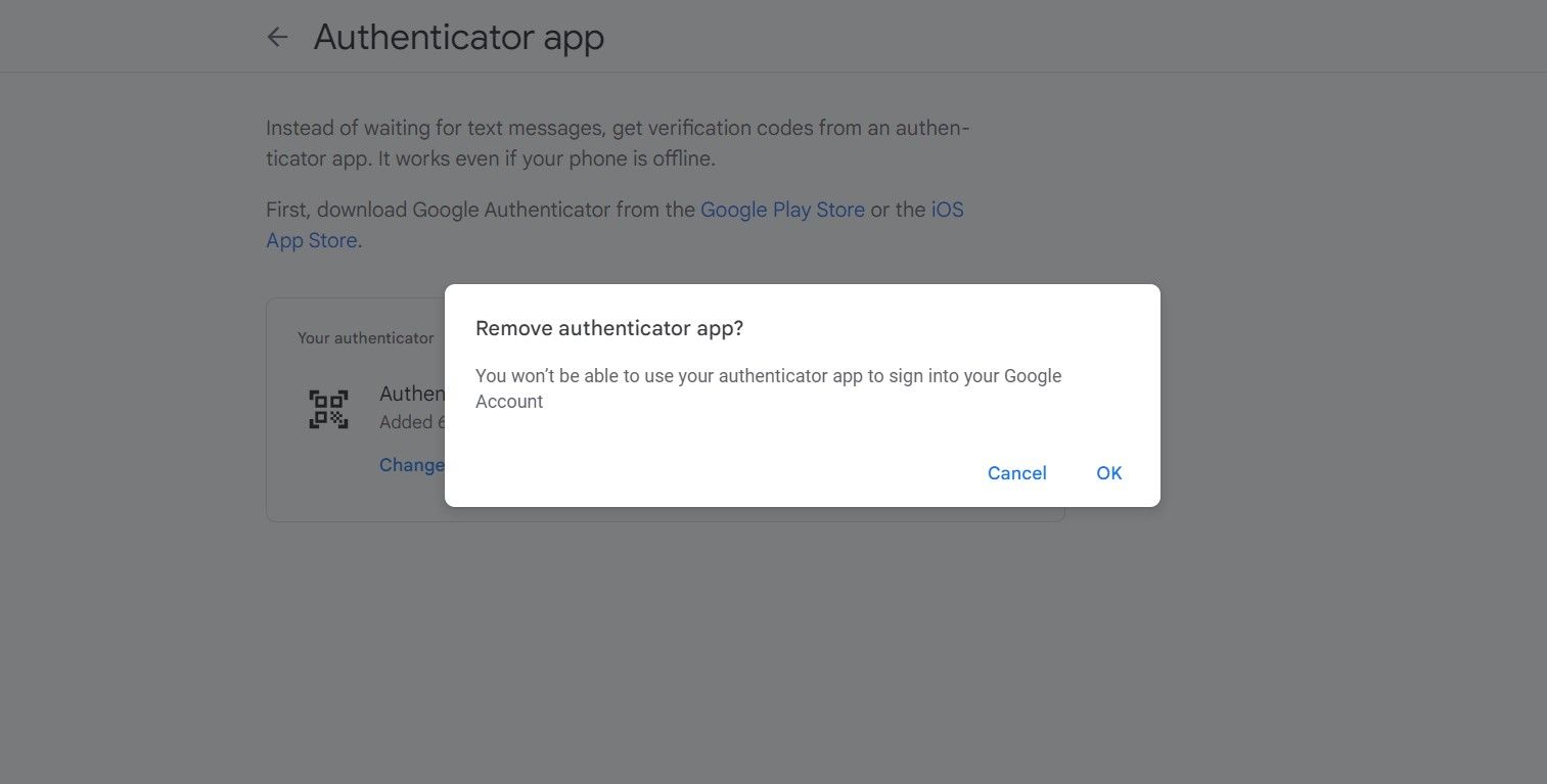 Confirme que deseja excluir o aplicativo Authenticator