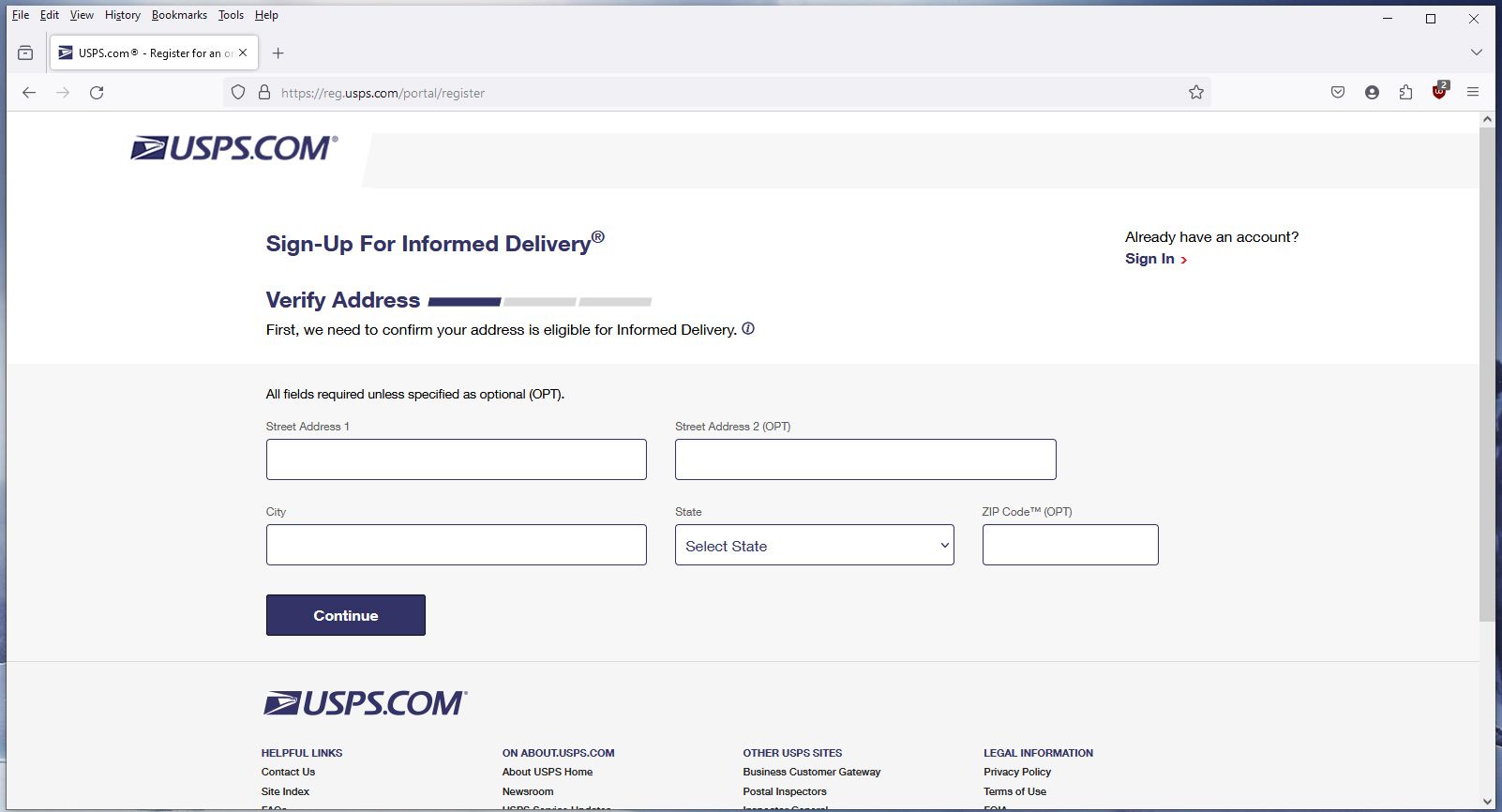 Tela USPS Informed Delivery para inserir seu endereço