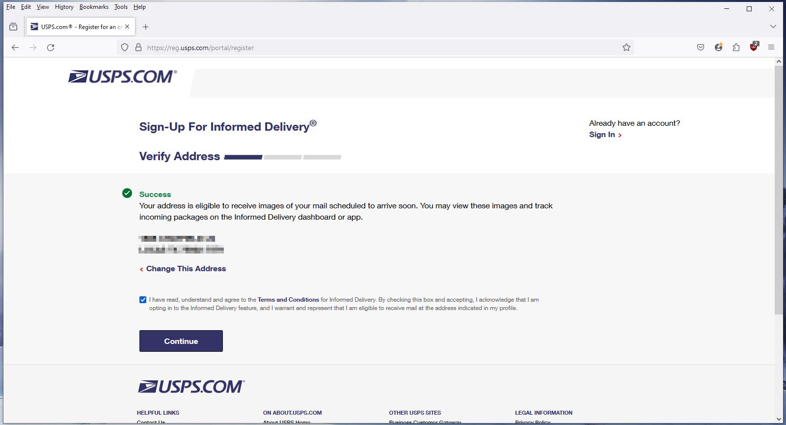 Página de confirmação de endereço de entrega informada do USPS