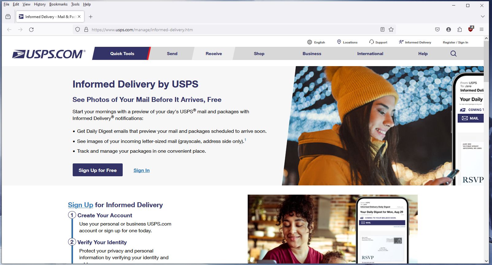 Tela de inscrição do USPS Informed Delivery