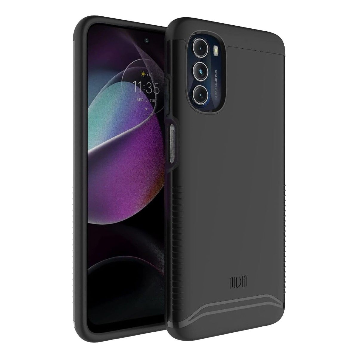 Um smartphone Moto G 5G (2022) com uma capa Tudia DualShield preta aplicada